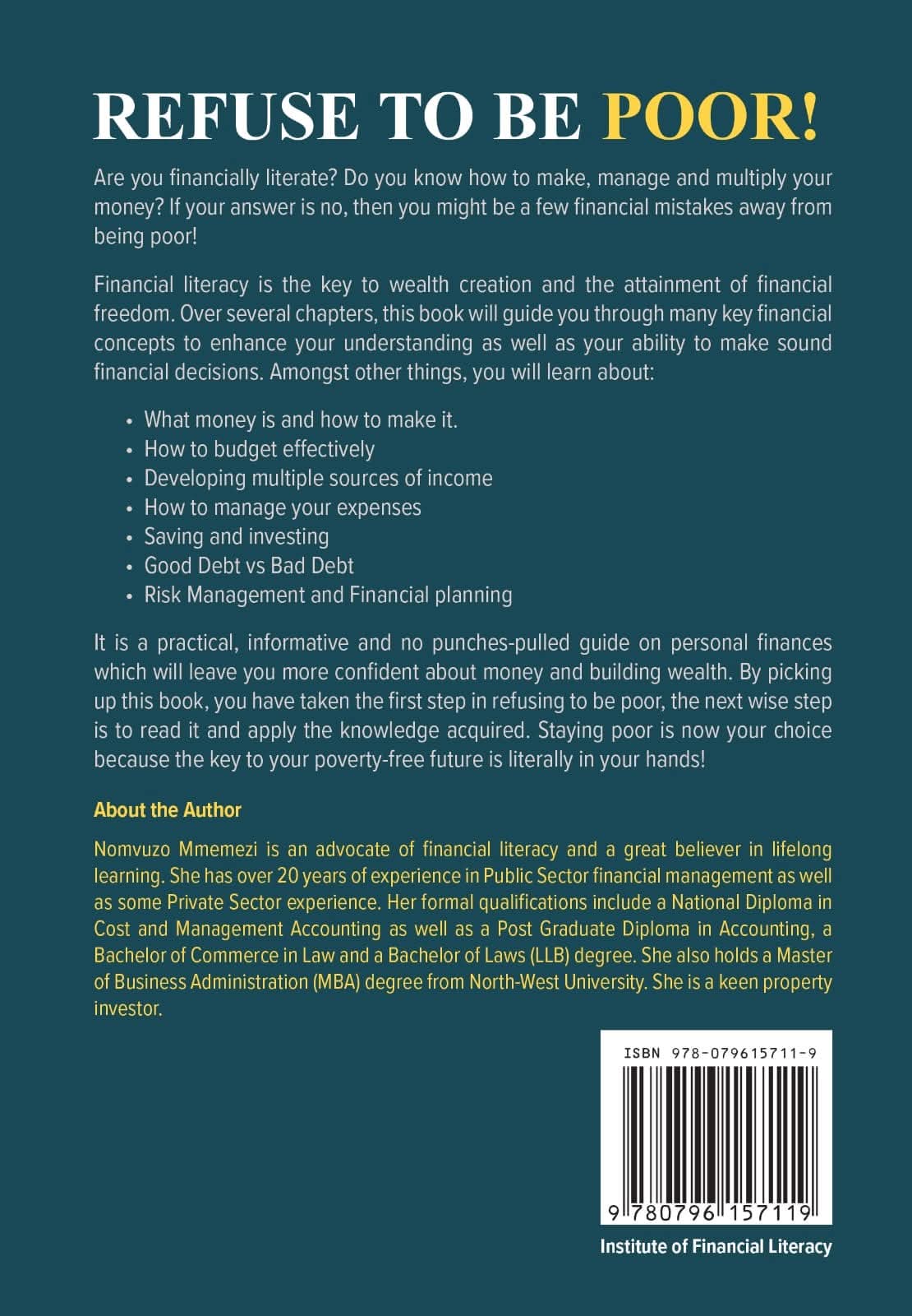 Back cover of a book titled 'Refuse to Be Poor!' with text about financial literacy and advice.